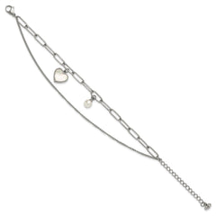 Chisel Stainless Steel Polished Mother of Pearl Heart and Simulated Pearl 6.5 inch Plus a 2 inch Extension Bracelet SRB3221-6.5