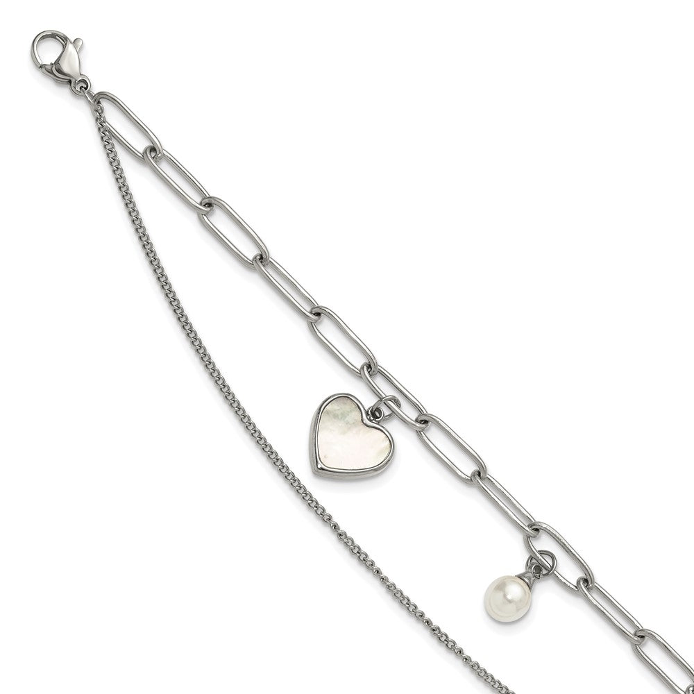 Chisel Stainless Steel Polished Mother of Pearl Heart and Simulated Pearl 6.5 inch Plus a 2 inch Extension Bracelet SRB3221-6.5