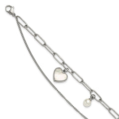 Chisel Stainless Steel Polished Mother of Pearl Heart and Simulated Pearl 6.5 inch Plus a 2 inch Extension Bracelet SRB3221-6.5