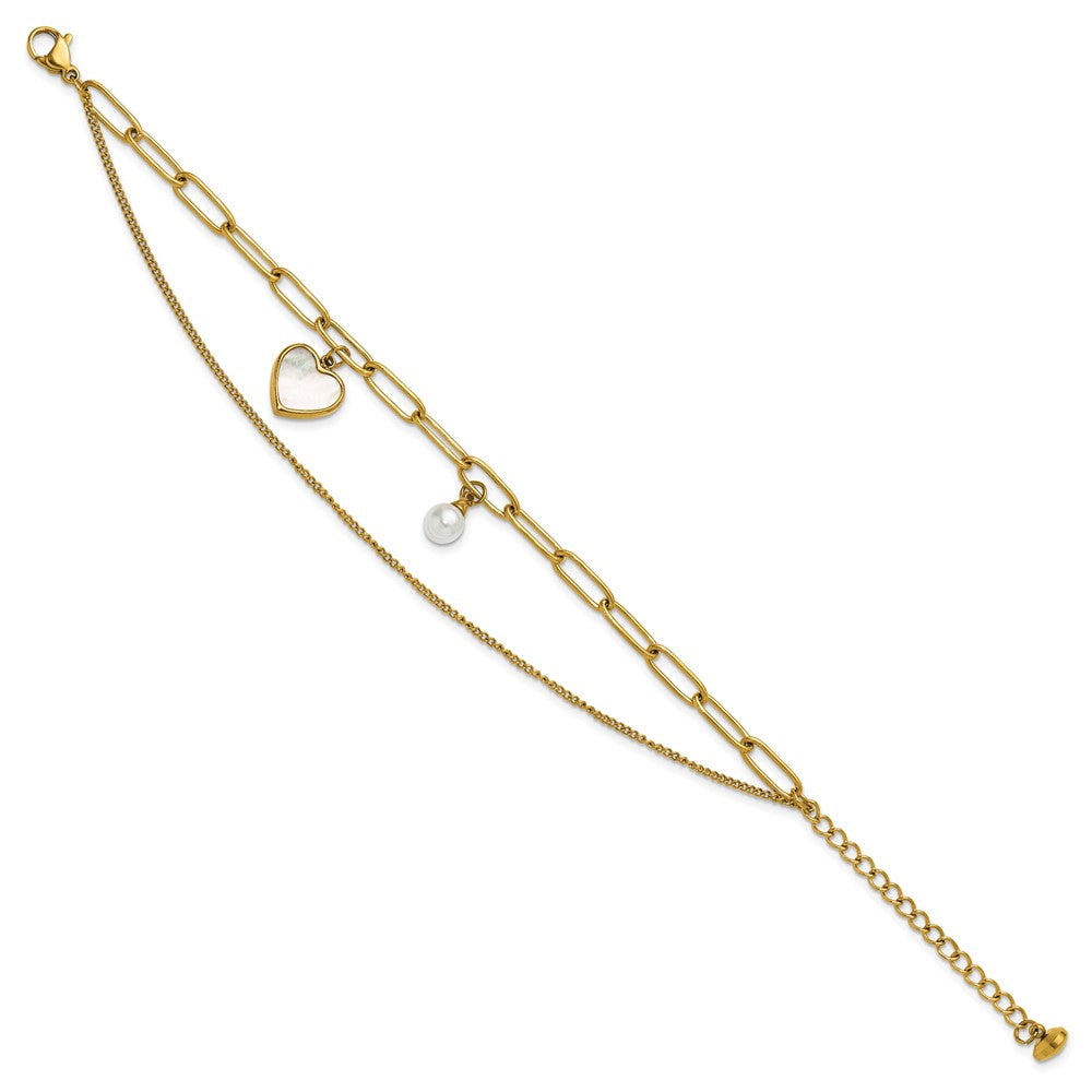 Chisel Stainless Steel Polished Yellow IP-plated Mother of Pearl Heart and Simulated Pearl 6.5 inch Plus a 2 inch Extension Bracelet SRB3222-6.5