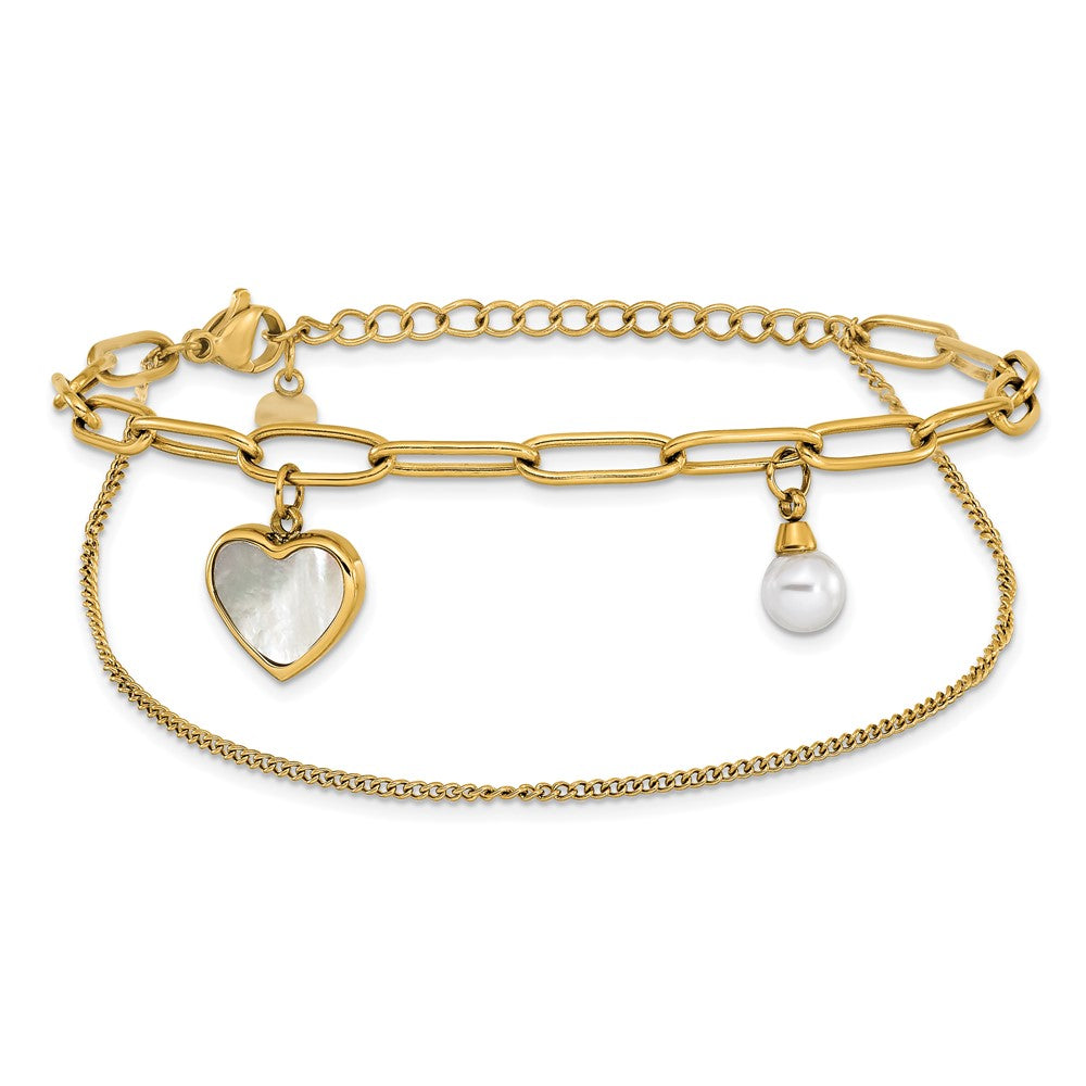 Chisel Stainless Steel Polished Yellow IP-plated Mother of Pearl Heart and Simulated Pearl 6.5 inch Plus a 2 inch Extension Bracelet SRB3222-6.5