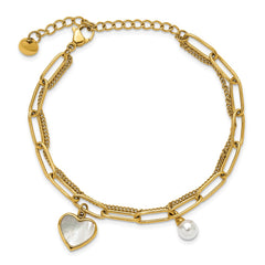 Chisel Stainless Steel Polished Yellow IP-plated Mother of Pearl Heart and Simulated Pearl 6.5 inch Plus a 2 inch Extension Bracelet SRB3222-6.5
