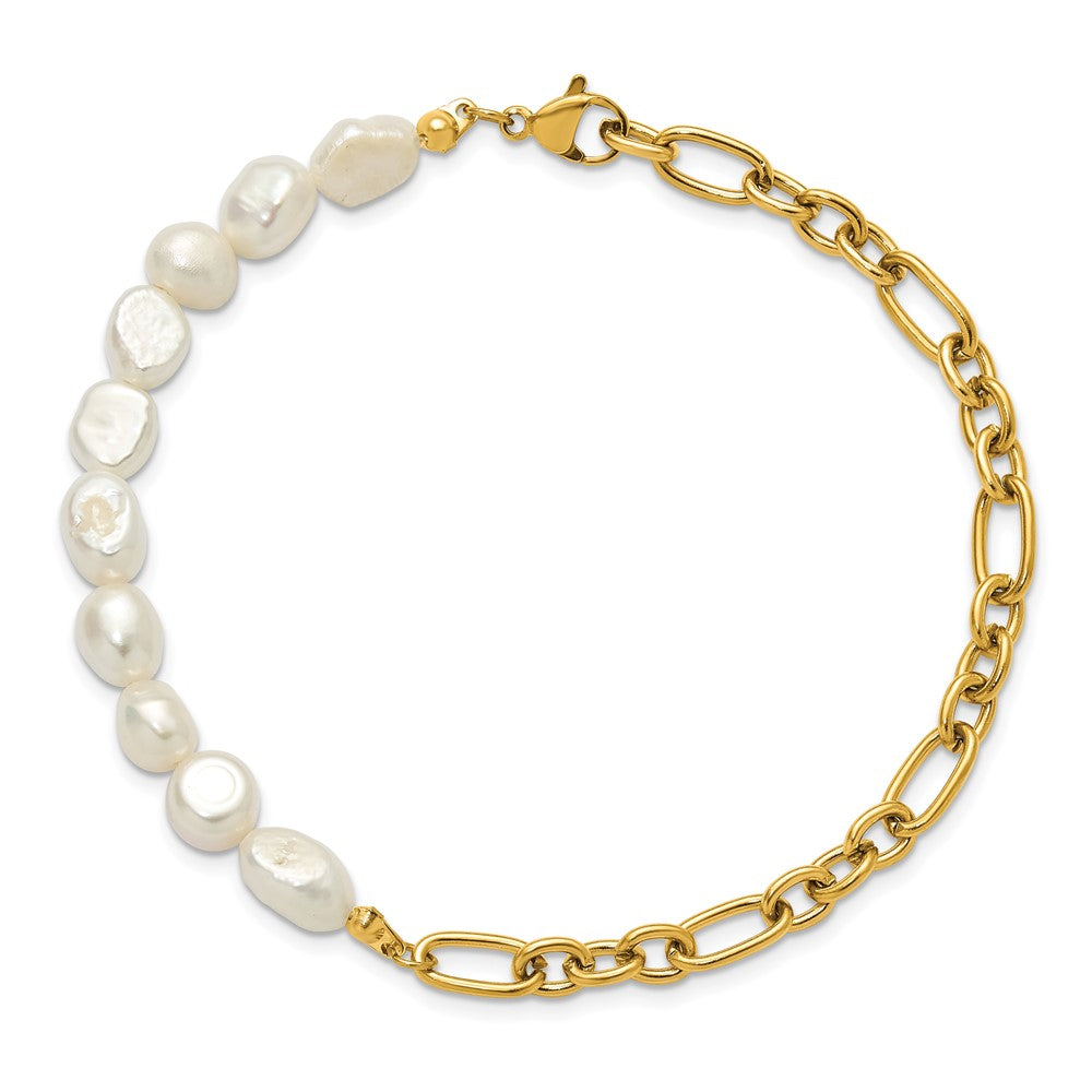 Chisel Stainless Steel Polished Yellow IP-plated with Half White Freshwater Cultured Pearl 8.25 inch Bracelet SRB3224-8.25