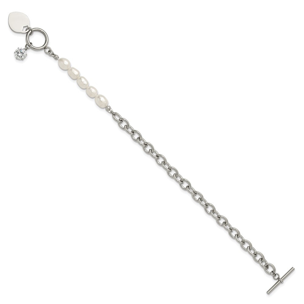 Chisel Stainless Steel Polished with Half White Freshwater Cultured Pearl and CZ Heart Dangle 8.25 inch Bracelet SRB3225-8.25