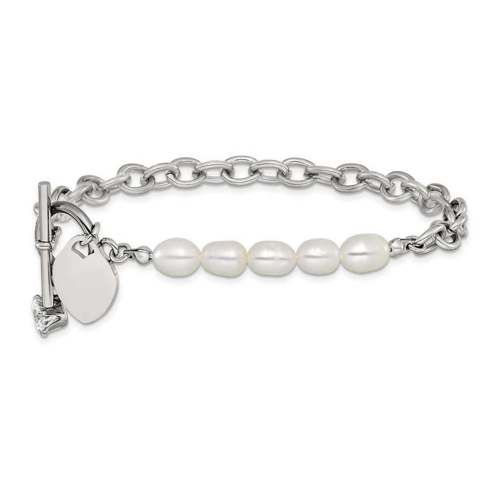 Chisel Stainless Steel Polished with Half White Freshwater Cultured Pearl and CZ Heart Dangle 8.25 inch Bracelet SRB3225-8.25
