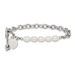Chisel Stainless Steel Polished with Half White Freshwater Cultured Pearl and CZ Heart Dangle 8.25 inch Bracelet SRB3225-8.25