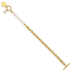 Chisel Stainless Steel Polished Yellow IP-plated with Half White Freshwater Cultured Pearl and CZ Heart Dangle 8.25 inch Bracelet SRB3226-8.25