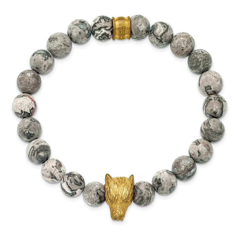 Chisel Stainless Steel Antiqued and Polished Yellow IP-plated Wolf Head Matte 8.5mm Jasper 6.75 inch Stretch Bracelet SRB3231