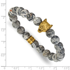 Chisel Stainless Steel Antiqued and Polished Yellow IP-plated Wolf Head Matte 8.5mm Jasper 6.75 inch Stretch Bracelet SRB3231