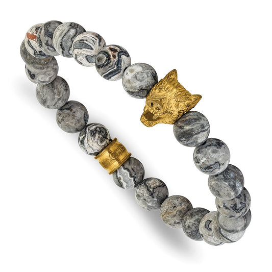 Chisel Stainless Steel Antiqued and Polished Yellow IP-plated Wolf Head Matte 8.5mm Jasper 6.75 inch Stretch Bracelet SRB3231