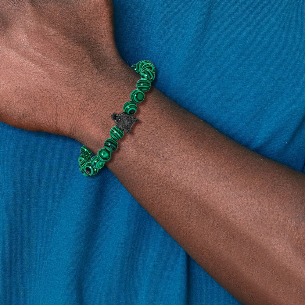 Chisel Stainless Steel Polished Black IP-plated Wolf Head 8mm Synthetic Malachite Beaded 7 inch Stretch Bracelet SRB3232