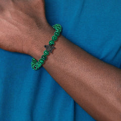 Chisel Stainless Steel Polished Black IP-plated Wolf Head 8mm Synthetic Malachite Beaded 7 inch Stretch Bracelet SRB3232