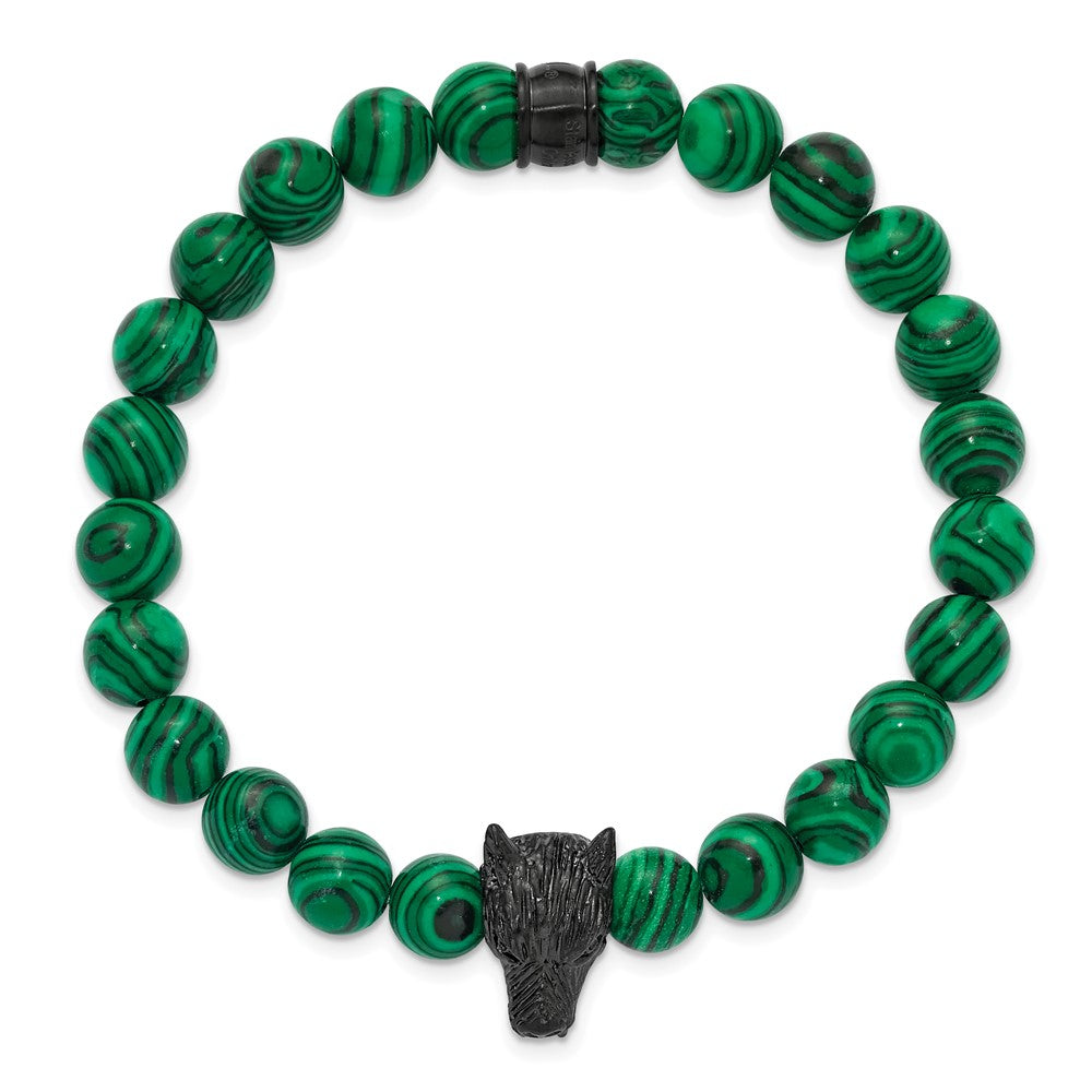 Chisel Stainless Steel Polished Black IP-plated Wolf Head 8mm Synthetic Malachite Beaded 7 inch Stretch Bracelet SRB3232