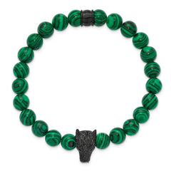 Chisel Stainless Steel Polished Black IP-plated Wolf Head 8mm Synthetic Malachite Beaded 7 inch Stretch Bracelet SRB3232