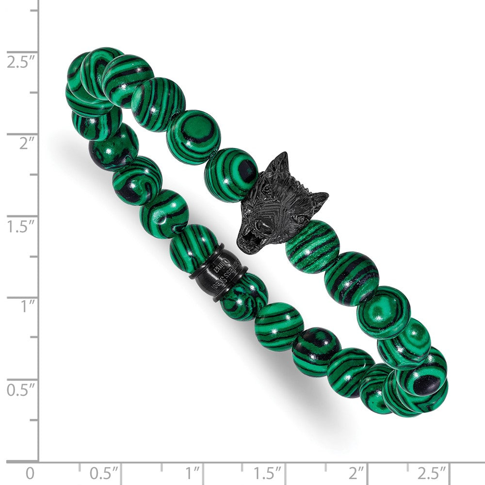 Chisel Stainless Steel Polished Black IP-plated Wolf Head 8mm Synthetic Malachite Beaded 7 inch Stretch Bracelet SRB3232