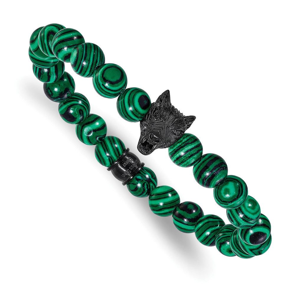 Chisel Stainless Steel Polished Black IP-plated Wolf Head 8mm Synthetic Malachite Beaded 7 inch Stretch Bracelet SRB3232