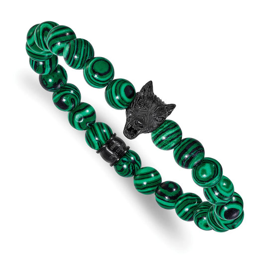 Chisel Stainless Steel Polished Black IP-plated Wolf Head 8mm Synthetic Malachite Beaded 7 inch Stretch Bracelet SRB3232