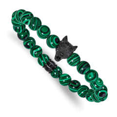 Chisel Stainless Steel Polished Black IP-plated Wolf Head 8mm Synthetic Malachite Beaded 7 inch Stretch Bracelet SRB3232