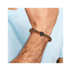 Chisel Stainless Steel Polished Black IP-plated Wolf Head 8.5mm Matte Yellow Tiger's Eye Beaded 7 inch Stretch Bracelet SRB3233