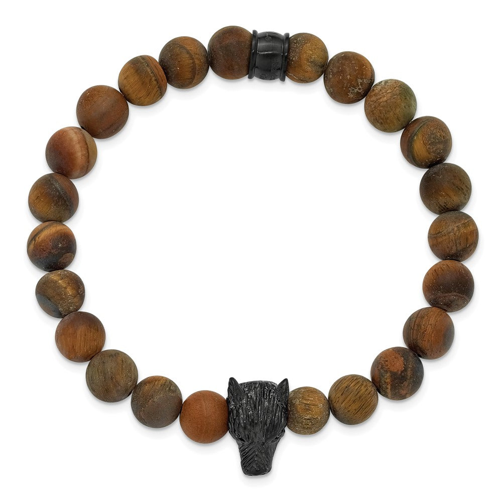 Chisel Stainless Steel Polished Black IP-plated Wolf Head 8.5mm Matte Yellow Tiger's Eye Beaded 7 inch Stretch Bracelet SRB3233