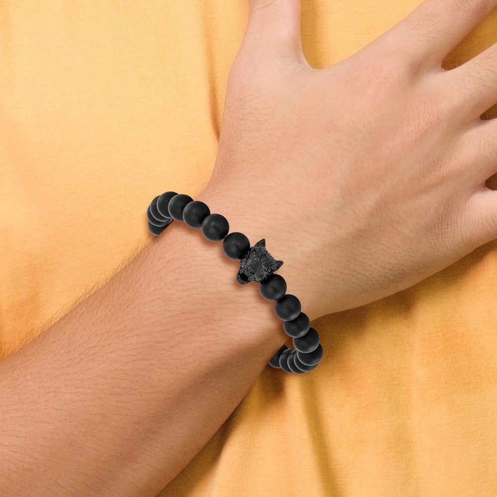 Chisel Stainless Steel Polished Black IP-plated Wolf Head Matte 8mm Black Agate Beaded 7 inch Stretch Bracelet SRB3234