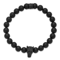 Chisel Stainless Steel Polished Black IP-plated Wolf Head Matte 8mm Black Agate Beaded 7 inch Stretch Bracelet SRB3234