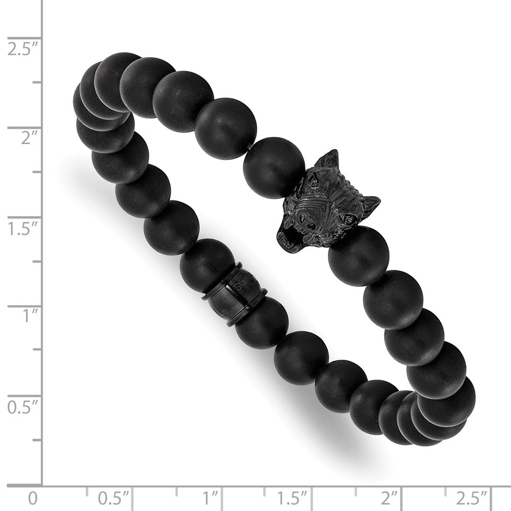 Chisel Stainless Steel Polished Black IP-plated Wolf Head Matte 8mm Black Agate Beaded 7 inch Stretch Bracelet SRB3234