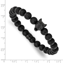 Chisel Stainless Steel Polished Black IP-plated Wolf Head Matte 8mm Black Agate Beaded 7 inch Stretch Bracelet SRB3234