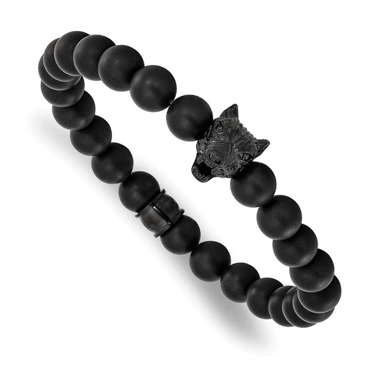 Chisel Stainless Steel Polished Black IP-plated Wolf Head Matte 8mm Black Agate Beaded 7 inch Stretch Bracelet SRB3234
