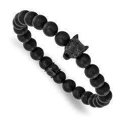 Chisel Stainless Steel Polished Black IP-plated Wolf Head Matte 8mm Black Agate Beaded 7 inch Stretch Bracelet SRB3234