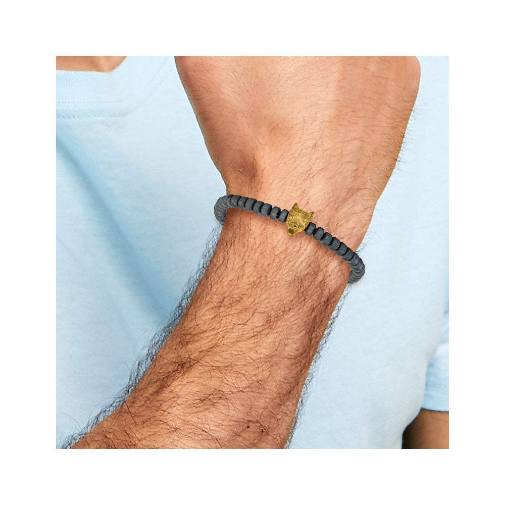 Chisel Stainless Steel Antiqued and Polished Yellow IP-plated Wolf Head Matte 6.5mm Hematite Beaded 7.25 inch Stretch Bracelet SRB3237