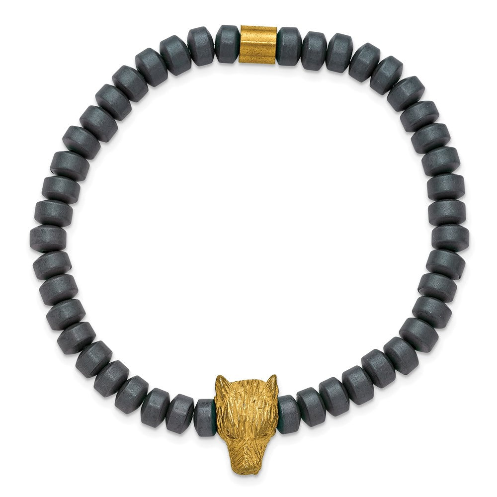 Chisel Stainless Steel Antiqued and Polished Yellow IP-plated Wolf Head Matte 6.5mm Hematite Beaded 7.25 inch Stretch Bracelet SRB3237
