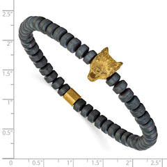 Chisel Stainless Steel Antiqued and Polished Yellow IP-plated Wolf Head Matte 6.5mm Hematite Beaded 7.25 inch Stretch Bracelet SRB3237