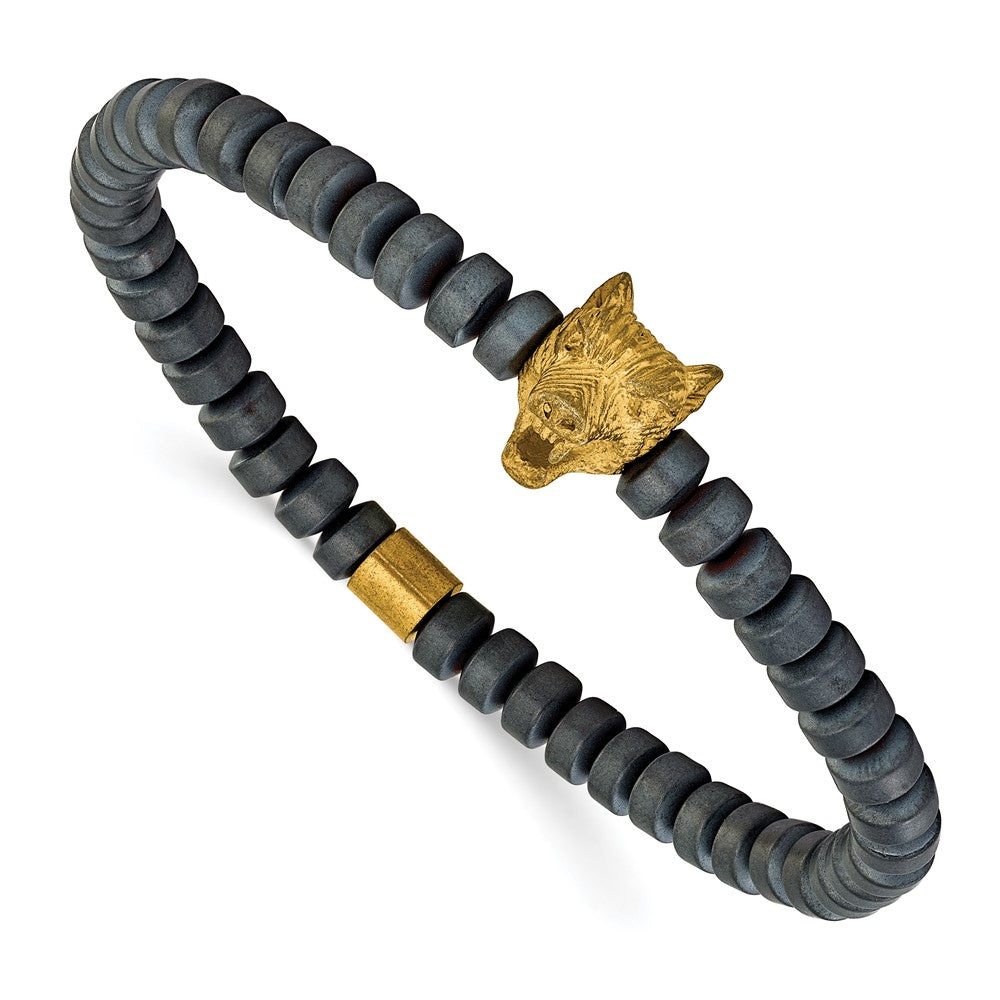 Chisel Stainless Steel Antiqued and Polished Yellow IP-plated Wolf Head Matte 6.5mm Hematite Beaded 7.25 inch Stretch Bracelet SRB3237