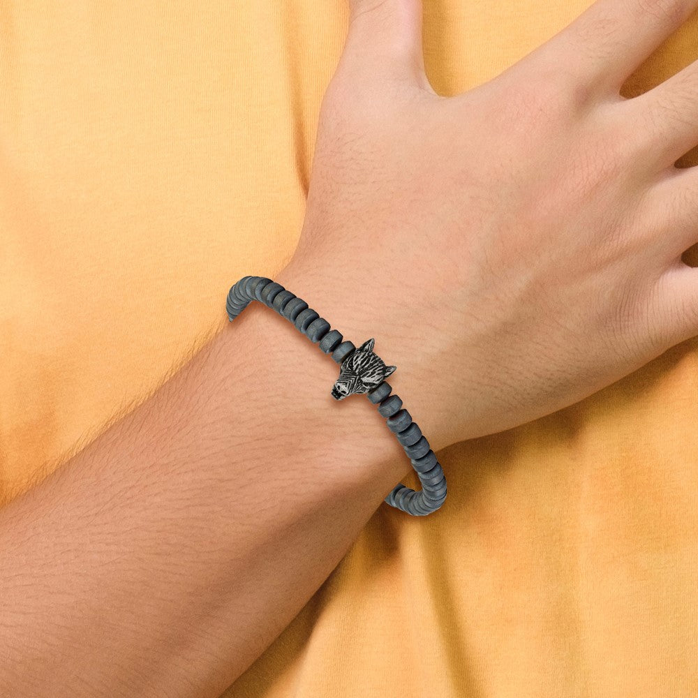 Chisel Stainless Steel Antiqued Wolf Head Matte 6.5mm Hematite Beaded 7.25 inch Stretch Bracelet SRB3238