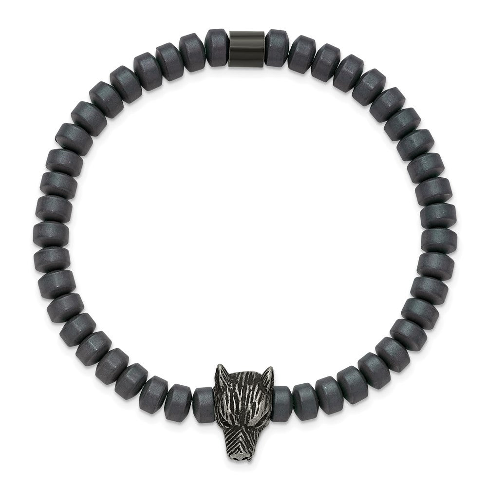 Chisel Stainless Steel Antiqued Wolf Head Matte 6.5mm Hematite Beaded 7.25 inch Stretch Bracelet SRB3238