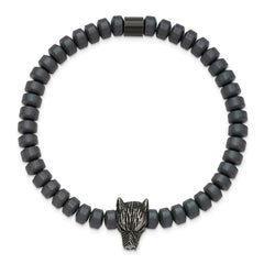 Chisel Stainless Steel Antiqued Wolf Head Matte 6.5mm Hematite Beaded 7.25 inch Stretch Bracelet SRB3238
