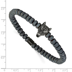 Chisel Stainless Steel Antiqued Wolf Head Matte 6.5mm Hematite Beaded 7.25 inch Stretch Bracelet SRB3238
