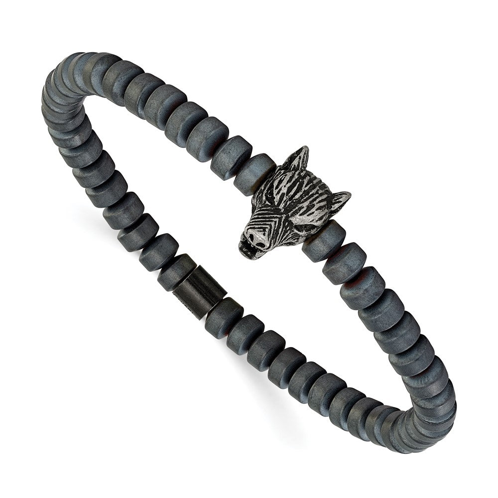 Chisel Stainless Steel Antiqued Wolf Head Matte 6.5mm Hematite Beaded 7.25 inch Stretch Bracelet SRB3238