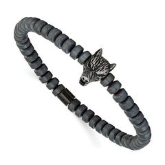 Chisel Stainless Steel Antiqued Wolf Head Matte 6.5mm Hematite Beaded 7.25 inch Stretch Bracelet SRB3238