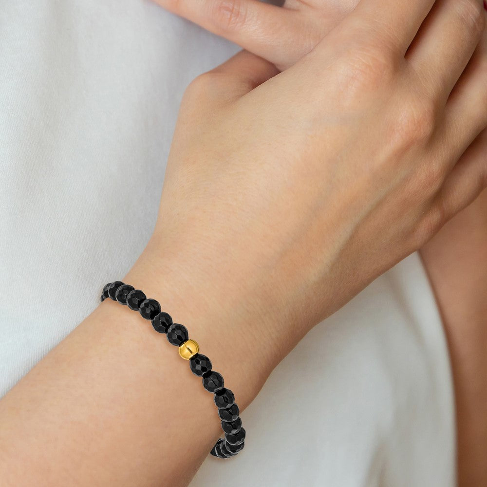 Chisel Stainless Steel Polished Yellow IP-plated 6mm Black Agate Beaded 6.25 inch Stretch Bracelet SRB3239