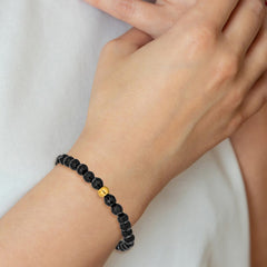 Chisel Stainless Steel Polished Yellow IP-plated 6mm Black Agate Beaded 6.25 inch Stretch Bracelet SRB3239