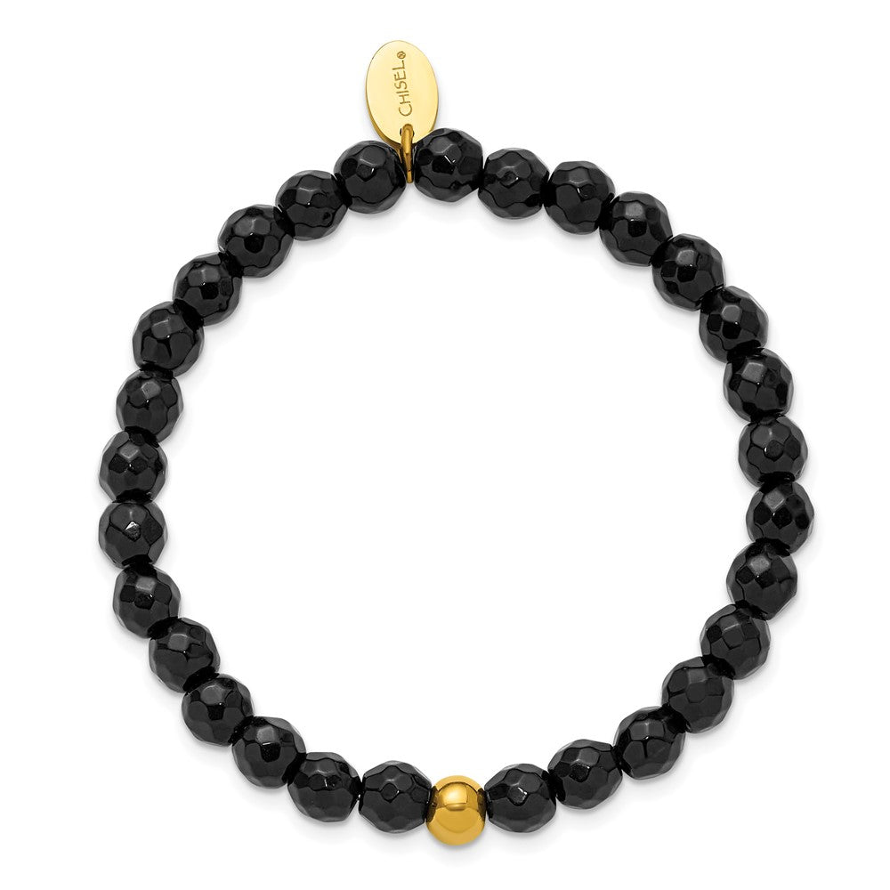 Chisel Stainless Steel Polished Yellow IP-plated 6mm Black Agate Beaded 6.25 inch Stretch Bracelet SRB3239