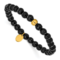 Chisel Stainless Steel Polished Yellow IP-plated 6mm Black Agate Beaded 6.25 inch Stretch Bracelet SRB3239