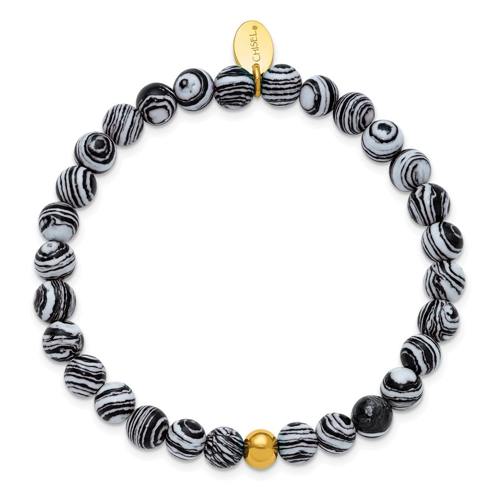 Chisel Stainless Steel Polished Yellow IP-plated 6mm Black Line Agate Beaded 6.25 inch Stretch Bracelet SRB3240