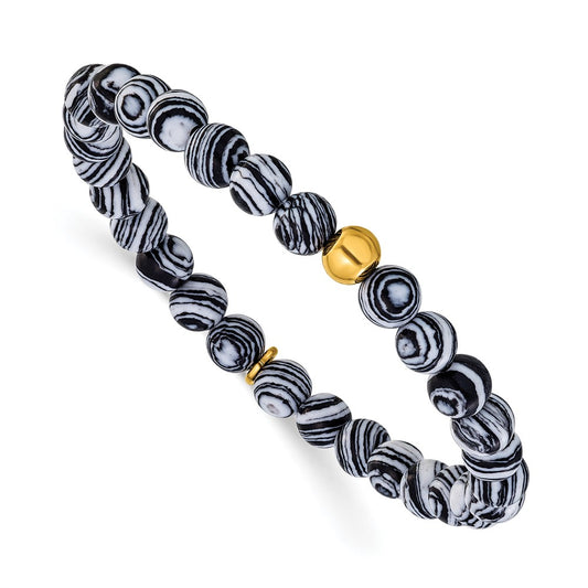 Chisel Stainless Steel Polished Yellow IP-plated 6mm Black Line Agate Beaded 6.25 inch Stretch Bracelet SRB3240