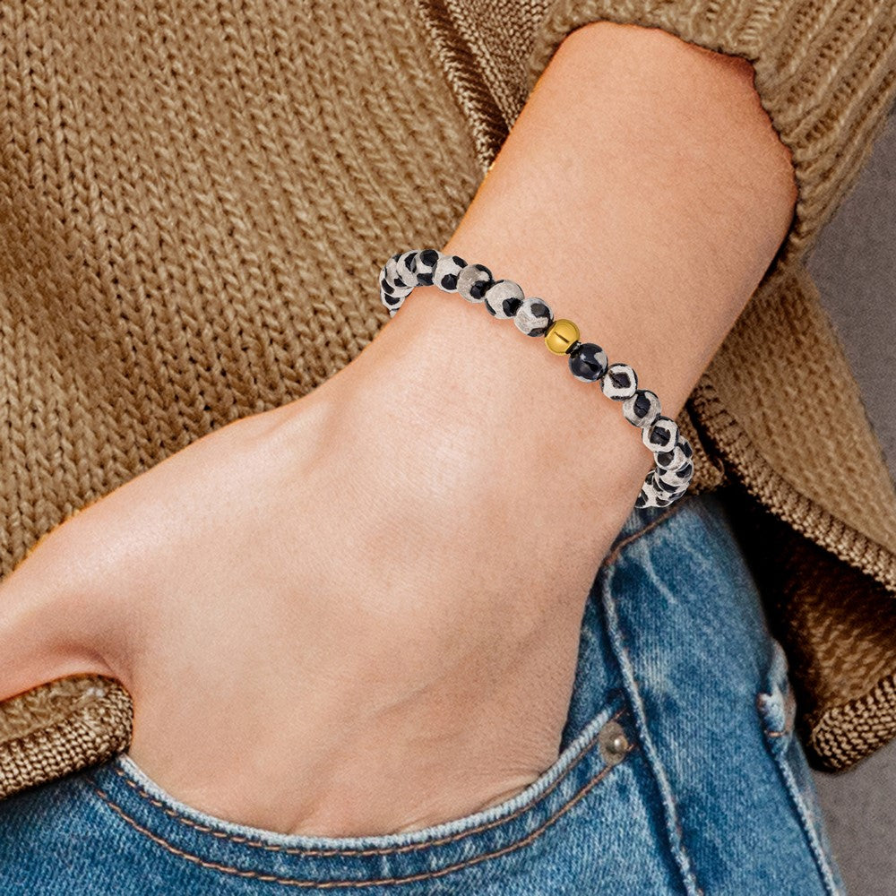 Chisel Stainless Steel Polished Yellow IP-plated 6mm Black Spot Agate Beaded 6.25 inch Stretch Bracelet SRB3241