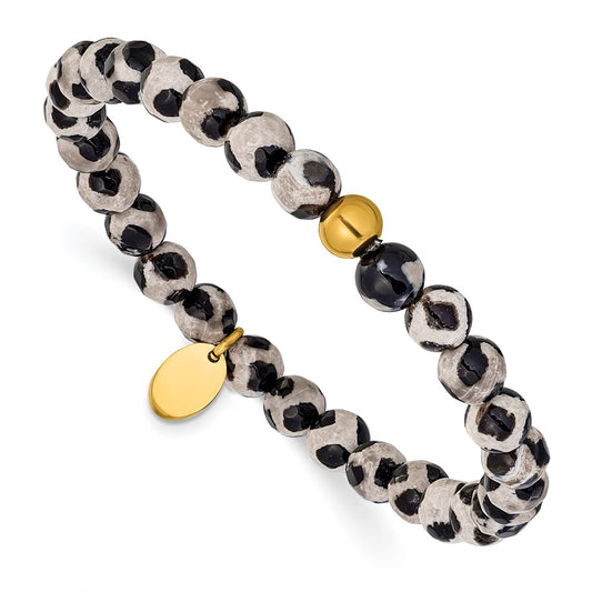 Chisel Stainless Steel Polished Yellow IP-plated 6mm Black Spot Agate Beaded 6.25 inch Stretch Bracelet SRB3241
