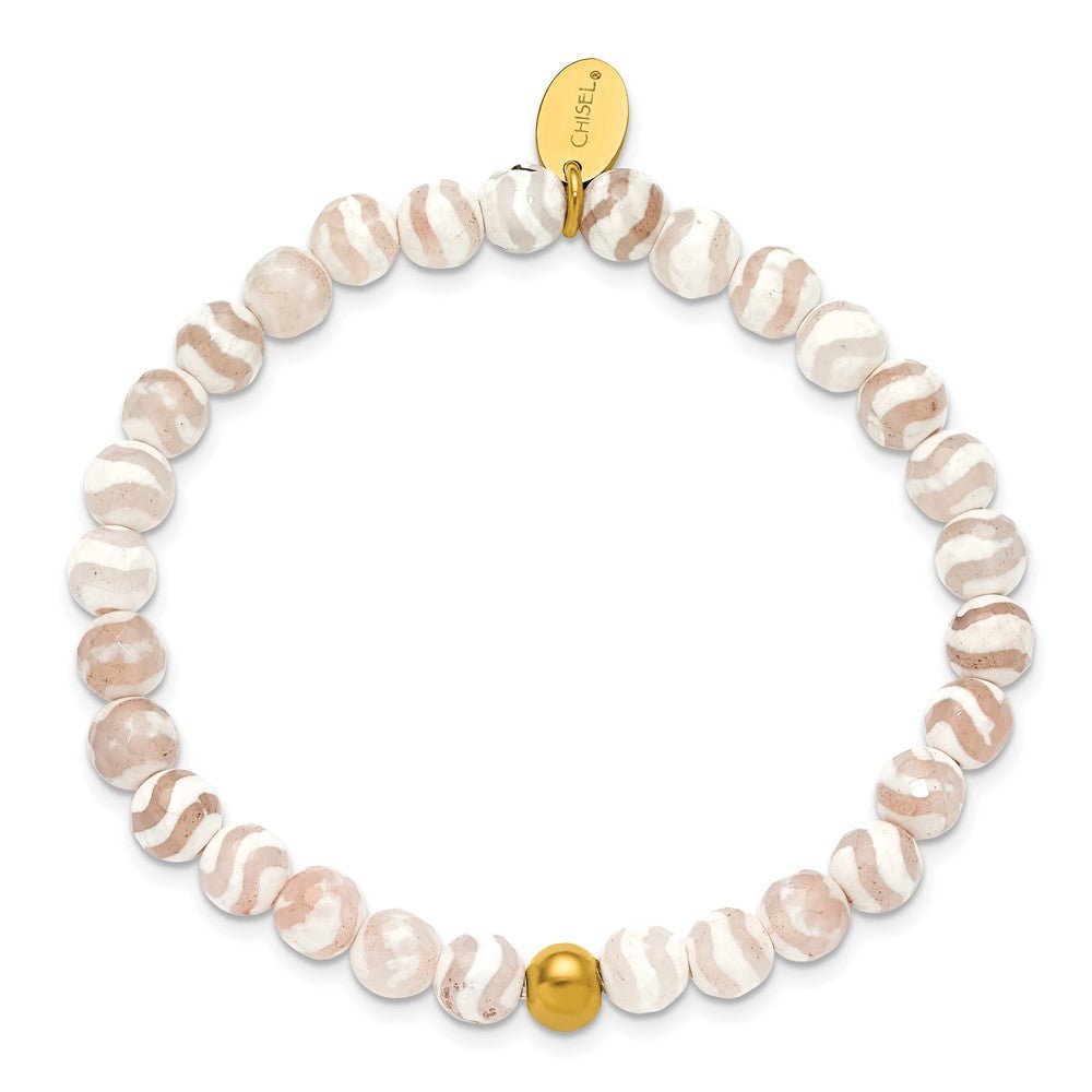 Chisel Stainless Steel Polished Yellow IP-plated 6mm White Line Agate Beaded 6.25 inch Stretch Bracelet SRB3242