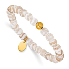 Chisel Stainless Steel Polished Yellow IP-plated 6mm White Line Agate Beaded 6.25 inch Stretch Bracelet SRB3242